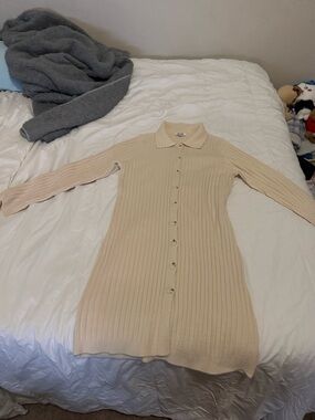 Ribbed Button-Up Collared Knit Dress - Cream